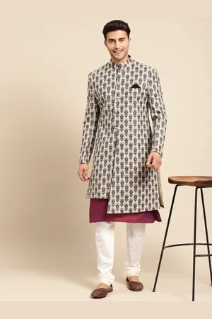 KISAH Men White & Charcoal Grey Ethnic Motifs Printed Cotton Indowestern Sherwani Set