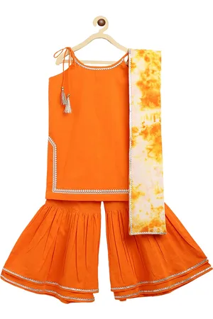Tiber Taber Girls Orange Empire Pure Cotton Kurti with Sharara & With Dupatta