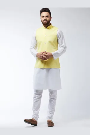 SOJANYA Men White & Yellow Solid Kurta And Churidar With Jacket