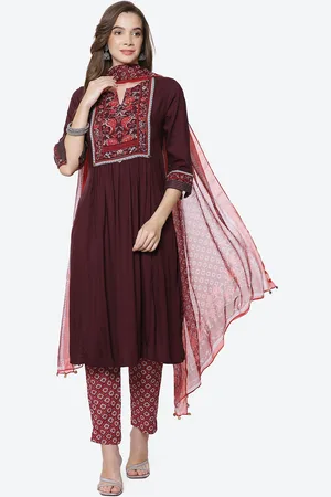 Biba Women Burgundy Yoke Design Kurti with Trousers & With Dupatta