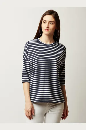 Miss Chase Women Navy Blue Striped Pure Cotton Top