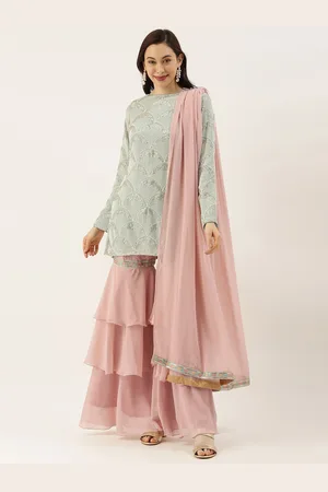 Ethnovog Women Sea Green Pink Made To Measure Embroidered Kurti with Sharara Dupatta