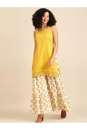 anayna Women Yellow & Off-White Solid Kurta with Sharara
