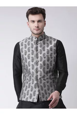 DEYANN Men Grey Printed Nehru Jacket & Pocket Square
