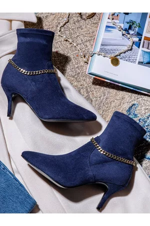 SAINT G. Women Blue Stretch Suede Chain Embellished Ankle Boots