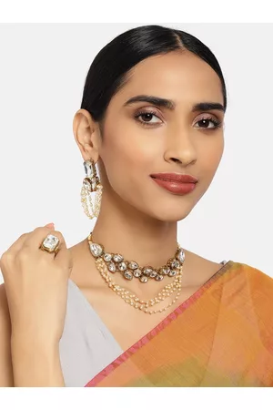 Zaveri Pearls White Gold-Plated Pearls & Stone Studded Jewellery Set