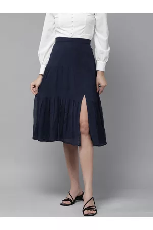 Rare Fashion Women Navy-Blue Solid Tiered A-Line Skirt
