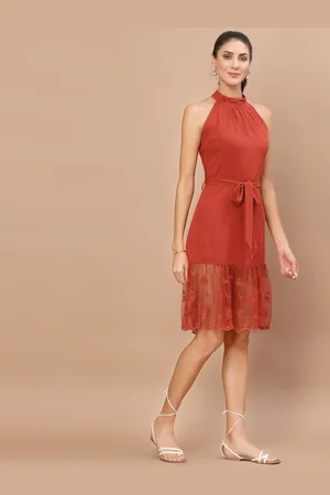 KASSUALLY Women Rust Halter Neck Sheath Dress