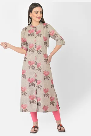 Pistaa Women Grey Floral Screen Print Pure Cotton Kurta