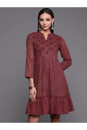 Indo Era Maroon Ethnic Motifs Embroidered Ethnic A-Line Midi Dress