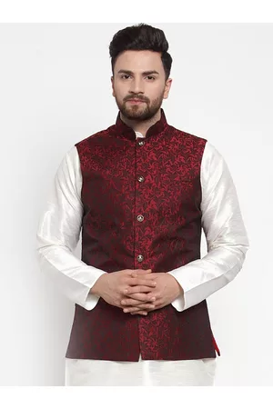Jompers Men Maroon & Black Floral Woven Design Waistcoat