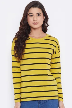Hypernation Women Yellow & Black Striped Slim Fit Cotton T-shirt