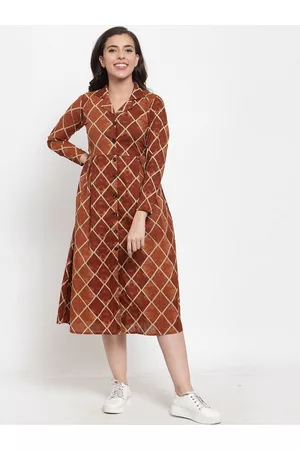 INDIBELLE Women Brown Checked A-Line Dress