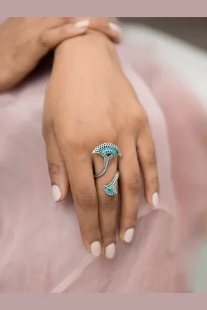 SHAYA Women Oxidized Silver-Toned & Blue Stone-Studded Enameled Handcrafted Finger Ring