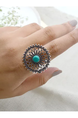 TEEJH Women Silver-Toned & Turquoise Blue Stone-Studded Oxidized Adjustable Finger Ring