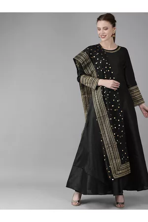 Ahalyaa Women Black Solid Fit and Flare Dress With Dupatta