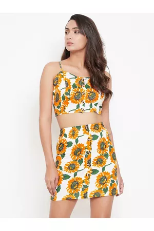 Berrylush Women Tropical Floral Fitted Crop Top & Mini Skirt Co-ords