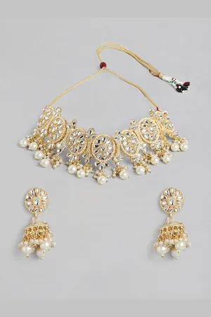 Kord Store Gold-Plated & White Round Shaped Pearl Collar Necklace Set with Earrings