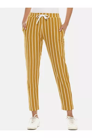 Campus Women Mustard Yellow & White Striped Cotton Slim-Fit Track Pants