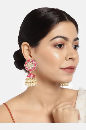 LAIDA Pink & Gold-Plated Enamelled Stone-Studded Dome Shaped Jhumkas