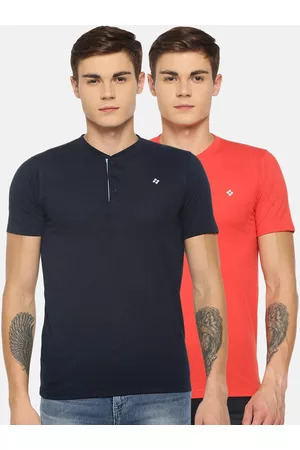dollar Men Pack Of 2 Navy Blue & Orange Henley Neck T-shirt