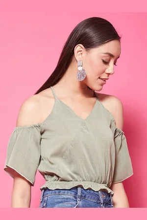 Chimpaaanzee Women Green Solid Cinched Waist Top