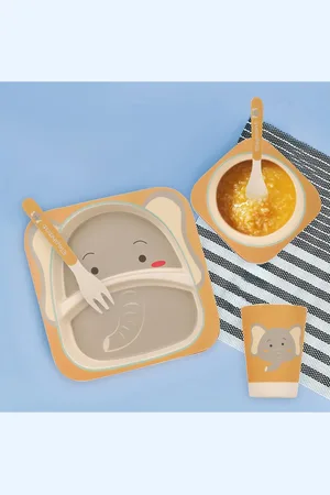 Baby Moo Beige Elephant Bamboo Fiber Dinner Set