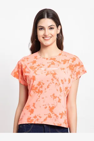 FEMEA Women Peach-Coloured Tie and Dye Printed T-shirt