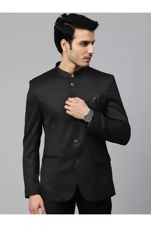 MANQ Men Black Solid Slim Fit Bandhgala Blazer