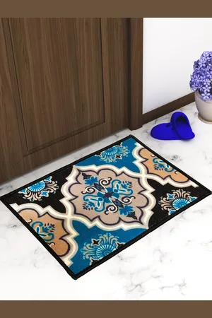 Athom Trendz Set Of 2 Blue & Black Printed Anti-Skid Doormats