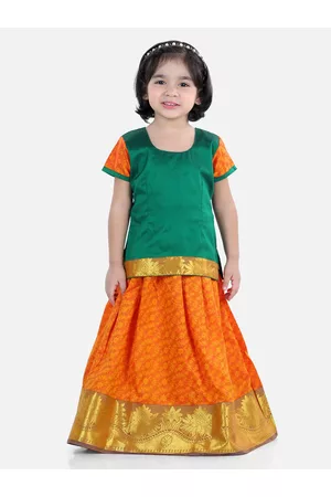 BownBee Girls Green & Orange Printed Ready to Wear Lehenga & Blouse