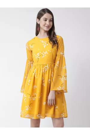 KASSUALLY Women Yellow Printed Fit and Flare Dress