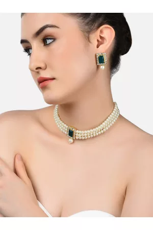 Zaveri Pearls White & Green Gold-Plated Studded Pearls Jewellery Set