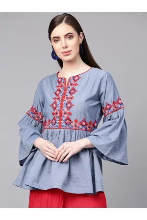 Bhama Couture Women Blue Embroidered A-Line Pure Cotton Top