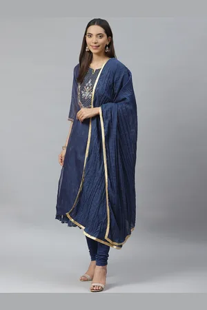 Biba Women Navy Blue & Golden Yoke Design Layered Kurta with Churidar & Dupatta