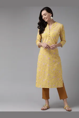 anayna Women Yellow & Rust Floral Printed Pure Cotton Kurta with Trousers