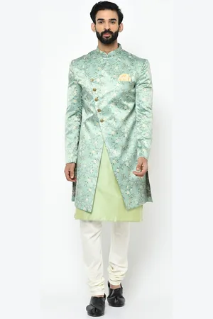 KISAH Men Fluorescent Green & White Indowestern Sherwani Set