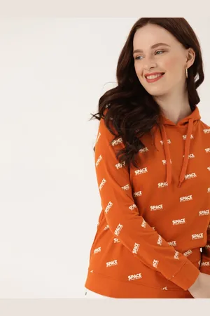 DressBerry Women Orange & Off-White Printed Hooded Sweatshirt
