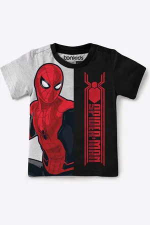 BONKIDS Boys Black Grey Superman Printed Slim Fit Pure Cotton T-shirt