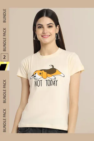 Fabflee Women Beige & Grey Melange Pack of 2 Graphic Printed Cotton T-shirt