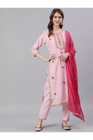 Ishin Women Pink Embroidered Kurta with Trousers & Dupatta