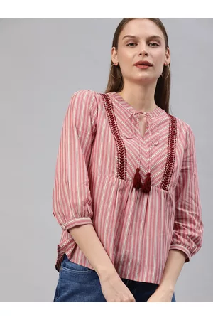 Chemistry Women Pink & White Striped A-Line Top with Embroidery Detail