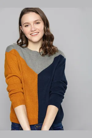 Mast & Harbour Women Mustard & Navy Blue Colourblocked Pullover
