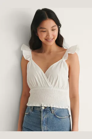 NA-KD Women White Pure Cotton Solid Wrap Smocked Top