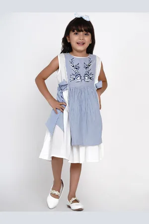 Bhama Girls Blue & White Striped Fit and Flare Dress