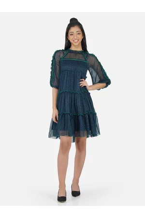 Antheaa Girls Blue Self-Design Chiffon Laced Tiered Fit & Flare Dress
