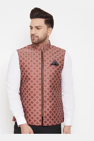 Vastramay Men Red & Brown Checked Jute Cotton Nehru Jacket with Pocket Square