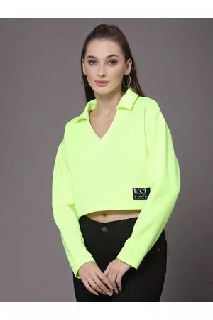 KASSUALLY Women Green Cotton Crop Sweatshirt