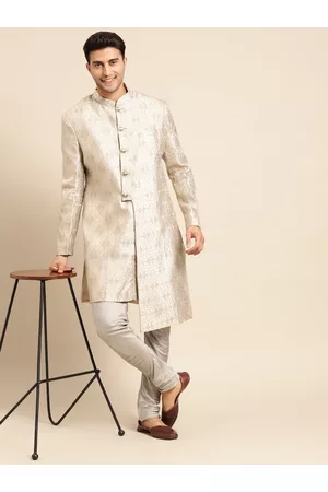 KISAH Men Grey Woven-Design Mandarin Collar Indowestern Sherwani