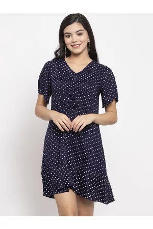 KASSUALLY Women Blue & White Printed A-Line Ruched Mini Dress